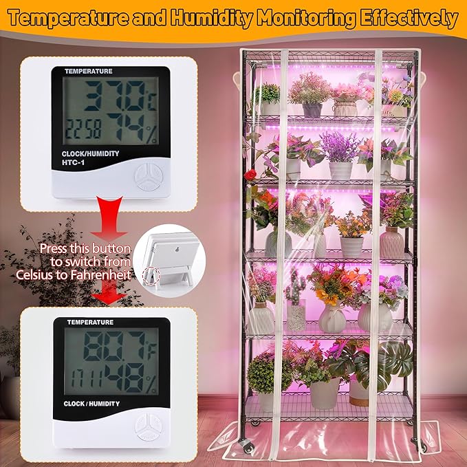 Meonum Indoor Greenhouse with Grow Lights, 6 Tier Metal Plant Shelf with Cover - Image 5