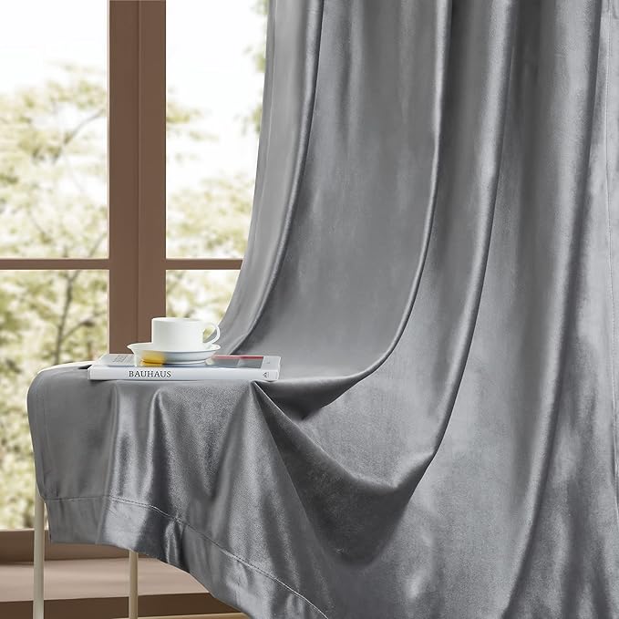 BULBUL Luxury Dark Grey Velvet Curtains 63 inch Elegant Living Room Curtain - Image 6