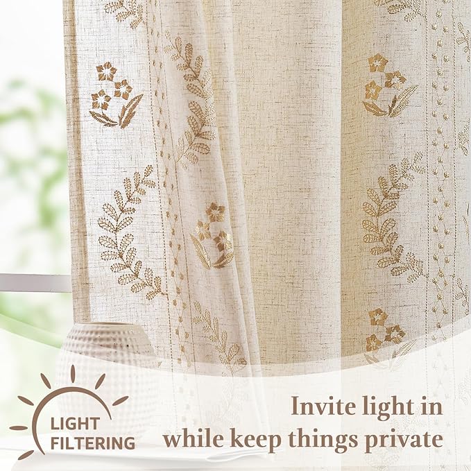 jinchan Belrose Linen Floral Cafe Curtains 54 Inch Length Embroidered Farmhouse - Image 6