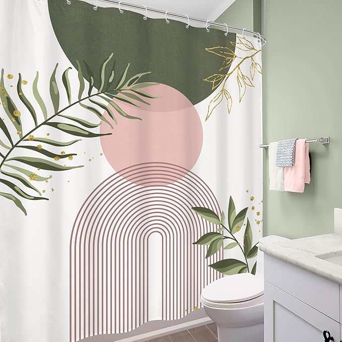 Pink Green Boho Shower Curtain 72Wx84H Extra Long Bohemian Mid Century Modern - Image 4
