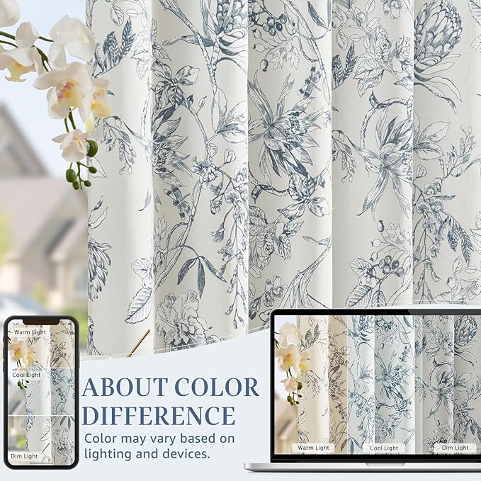 jinchan Floral Curtains 63 Inch Length Blue Flower Linen Farmhouse Curtain - Image 6
