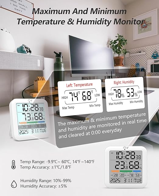Mini Digital Indoor Thermometer Hygrometer Clock, Room Temperature Humidity - Image 4