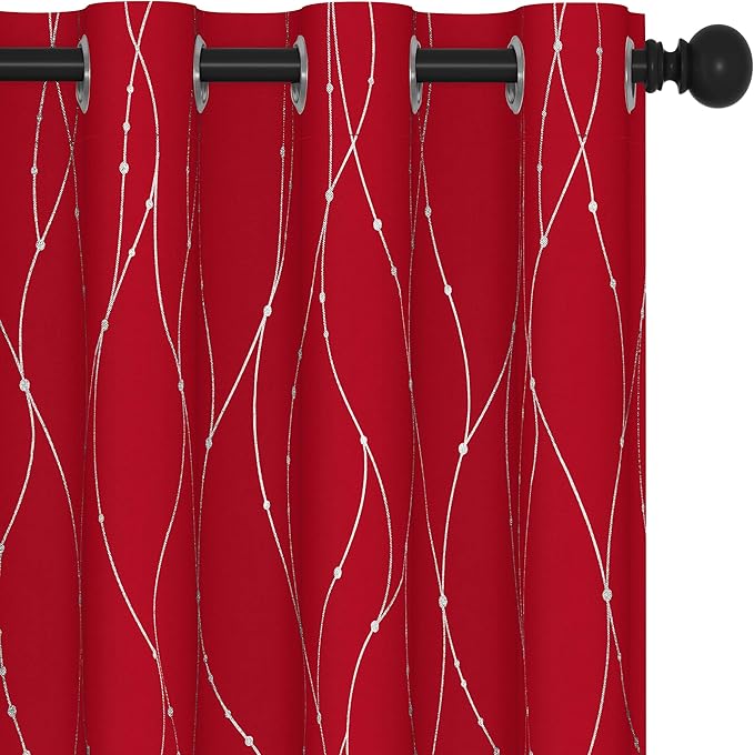 Deconovo Christmas Red Curtains, Wave Line Dot Foil Print, 52 x 95 Inch - Image 2
