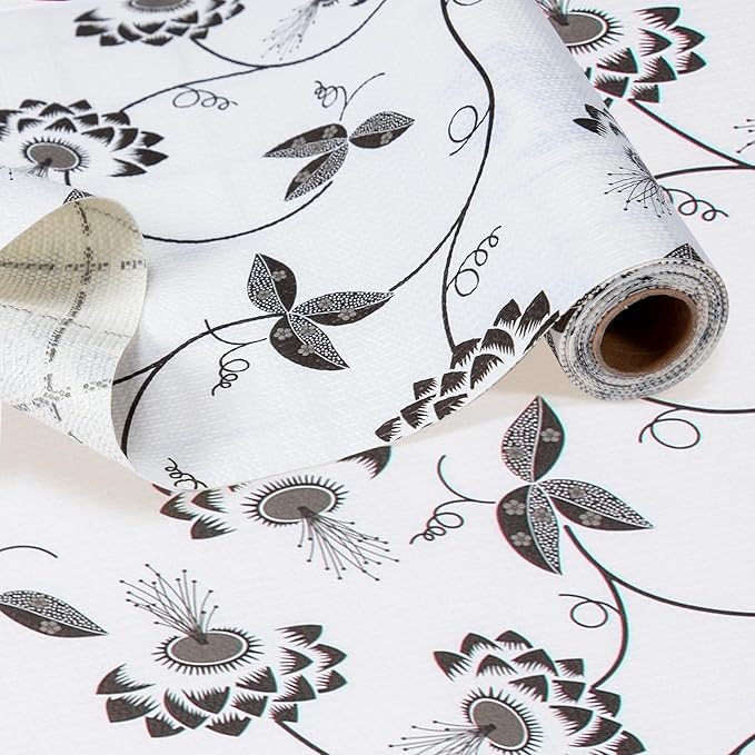 RAY STAR Shelf Liner, Non Adhesive Black Leaves Floral Cabinet Liner by RAYSTAR