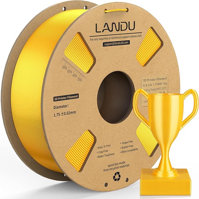 LANDU Silk PLA Filament 1.75mm Gold 1KG, 3D Printer Filament Dimensional by LANDU