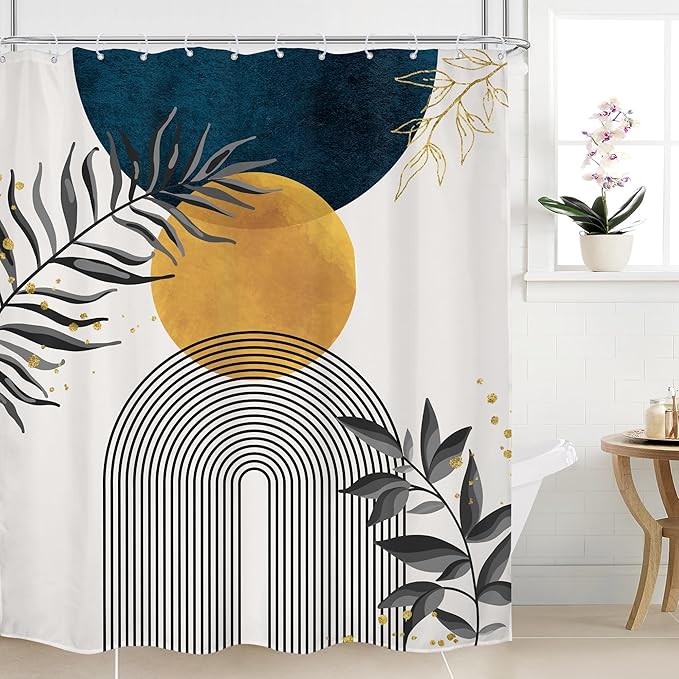 Navy Blue Boho Shower Curtain 60Wx72H Modern Bohemian Mid Century Abstract Gold by MitpokBrand