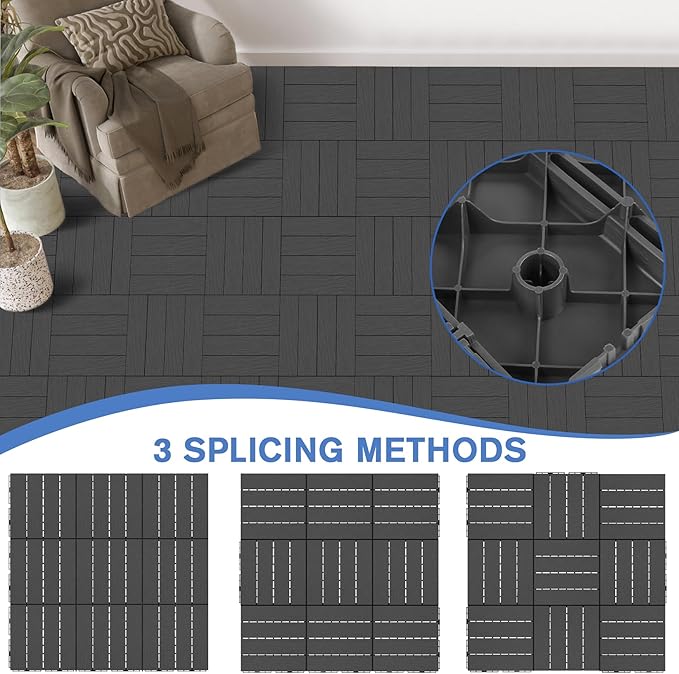 MYFAMIREA 9 Pcs Plastic Interlocking Deck Tiles 12" L x 12" W Patio Floor - Image 6