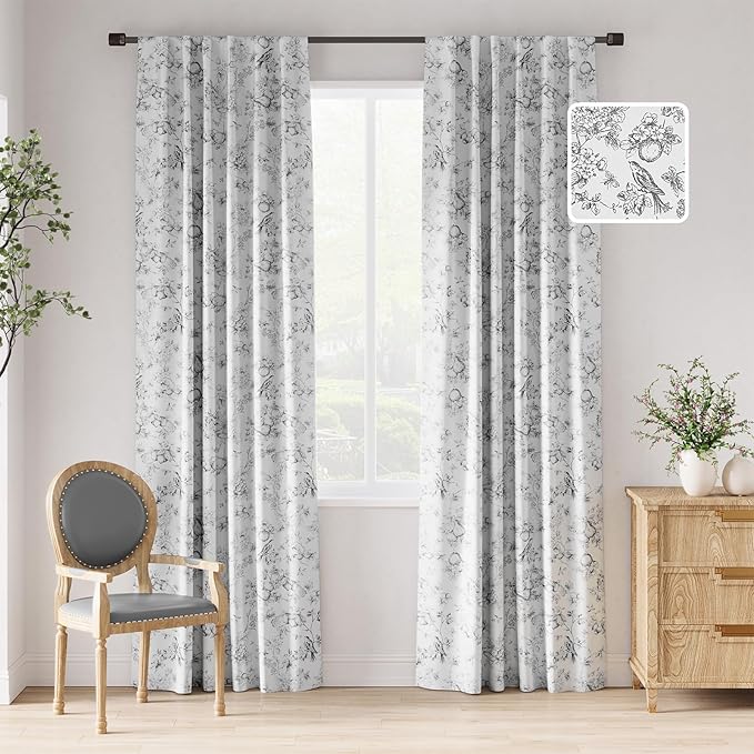 jinchan 95% Blackout Floral Curtains 90 Inches Long, Printed Flower Black by JINCHAN