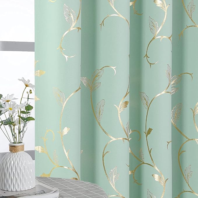 BUHUA Blackout Curtains Gold Foil Print Flower Vine Grommet Drapes, Room - Image 3