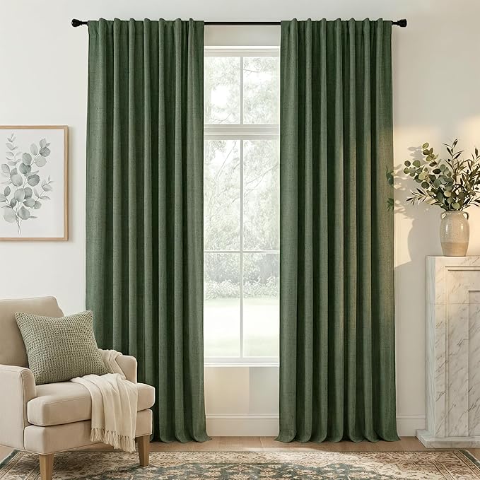 RYB HOME Olive Green 100% Blackout Linen Curtains 102 inches Long, Luxury by RYBHOME