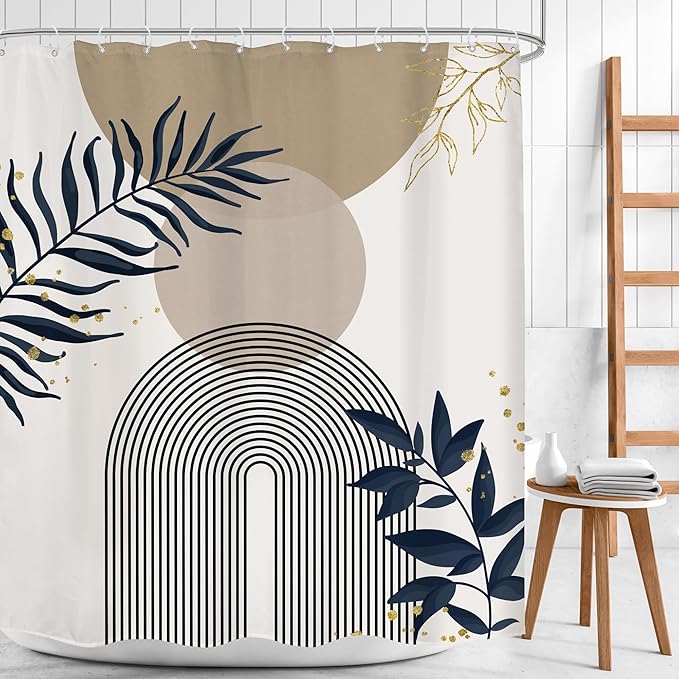 Boho Shower Curtain 60Wx72H Modern Mid Century Abstract Gold Leaves Bohemian by MitpokBrand