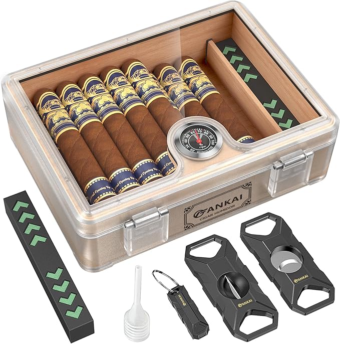 Humidor Cigar Box, with Straight Cutter Guillotine, V cut, Puncher & Holder Tool by FANKAI
