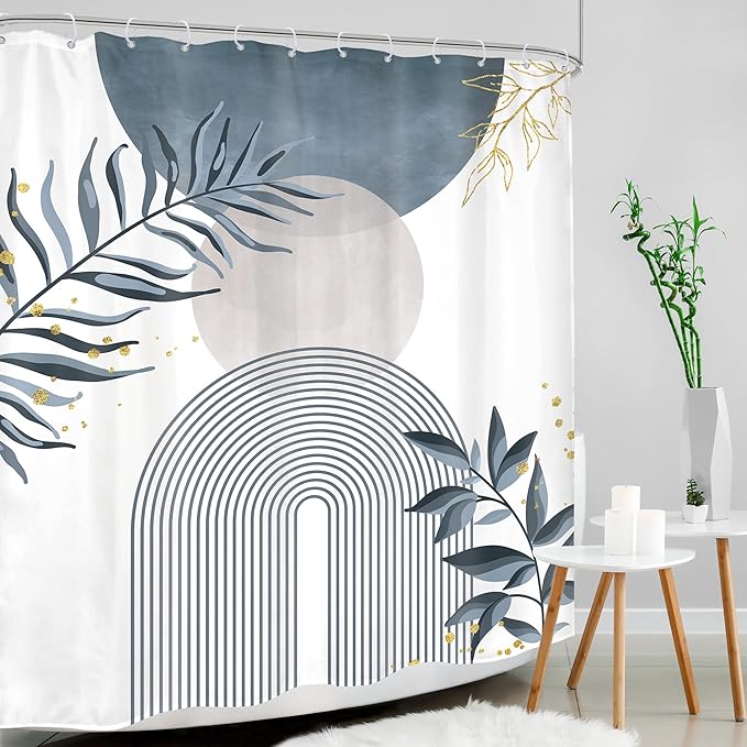 Blue Gray Boho Shower Curtain 60Wx72H Abstract Grey Bohemian Modern Leaves Mid - Image 3