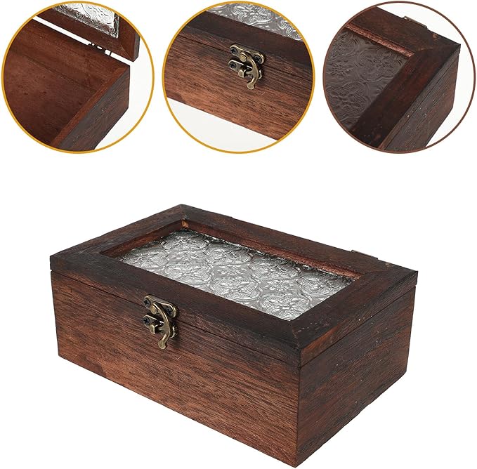 Wood Jewelry Box with Glass Lid and Metal Clasp Vintage Flower Jewelry Trinket - Image 8