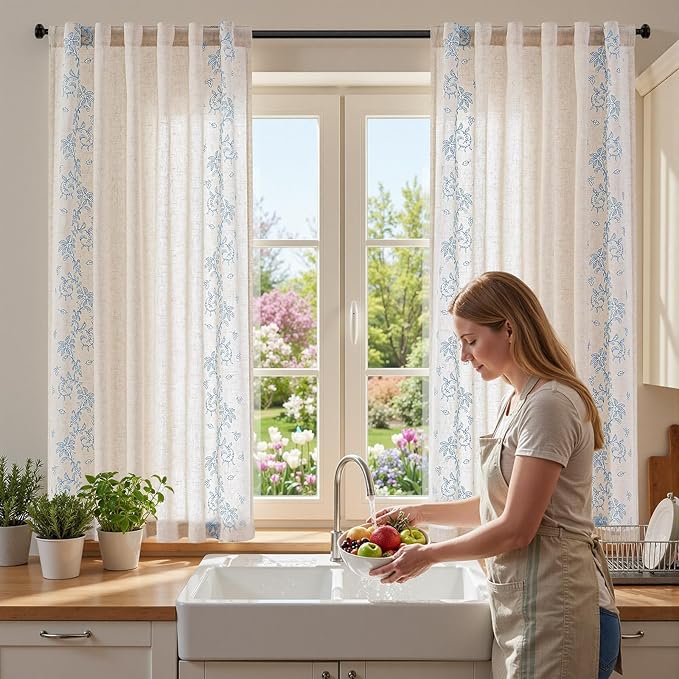 jinchan Evelyn Embroidered Linen Curtains 63 inch Floral Curtains - Image 7