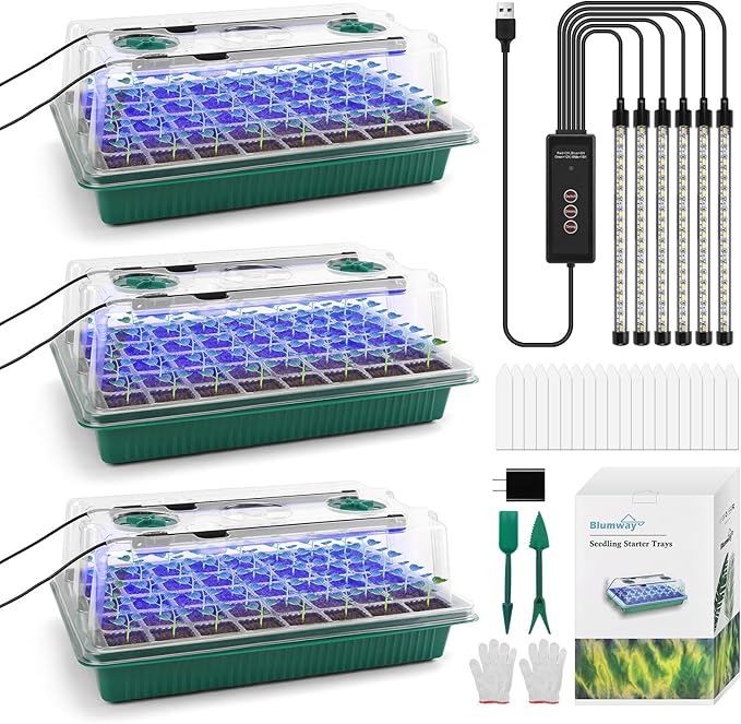 BlumWay Seed Starter Tray with Grow Light, 3 Pack 120 Cells Seedling Tray with by BlumWay