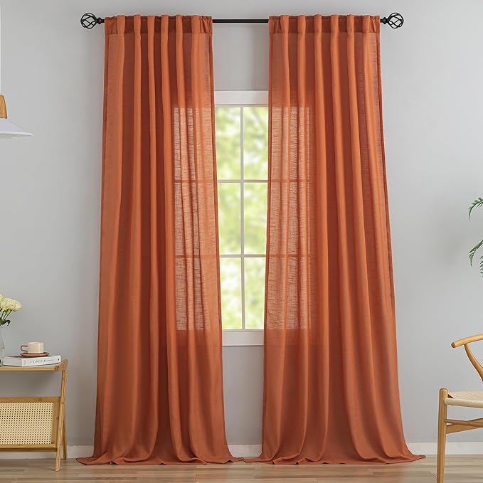 Modern Village Burnt Orange Linen Back Tab Curtains by DONREN