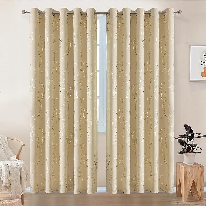 BUHUA Blackout Curtains Gold Foil Print Flower Vine Grommet Drapes, Room - Image 2