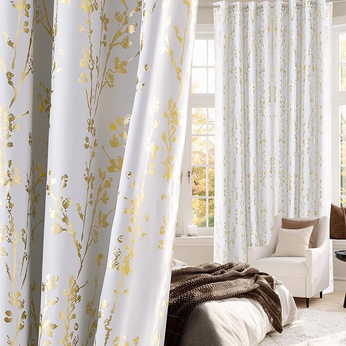 NICETOWN 100% Blackout White Curtains 63 inch Long, Grommet Branch Pattern Gold - Image 5