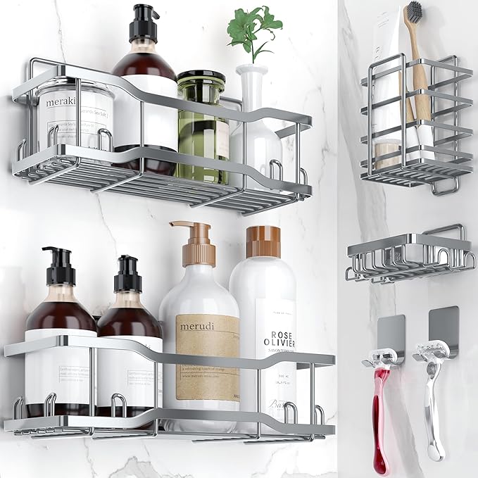 Shower Caddy Bathroom Shelves, The Athena Silken 4 Set, 40LB Capacity, Adhesive by Tribal+Cooking