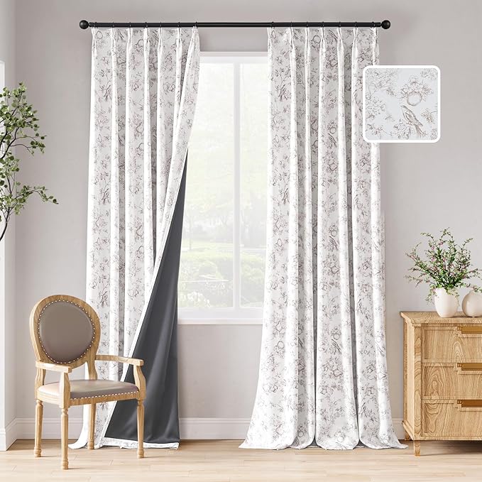 jinchan Pinch Pleated 95% Blackout Floral Curtains, Taupe 96 Inch, Room by JINCHAN
