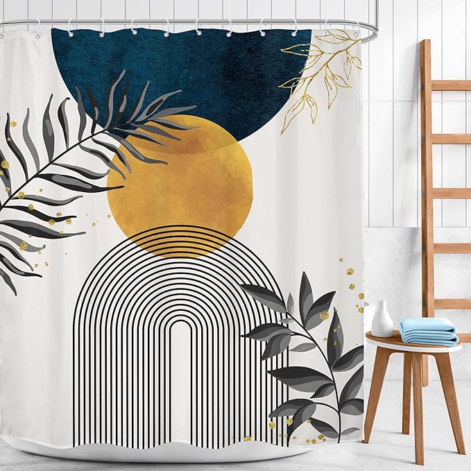 Navy Blue Boho Shower Curtain 60Wx72H Modern Bohemian Mid Century Abstract Gold - Image 2