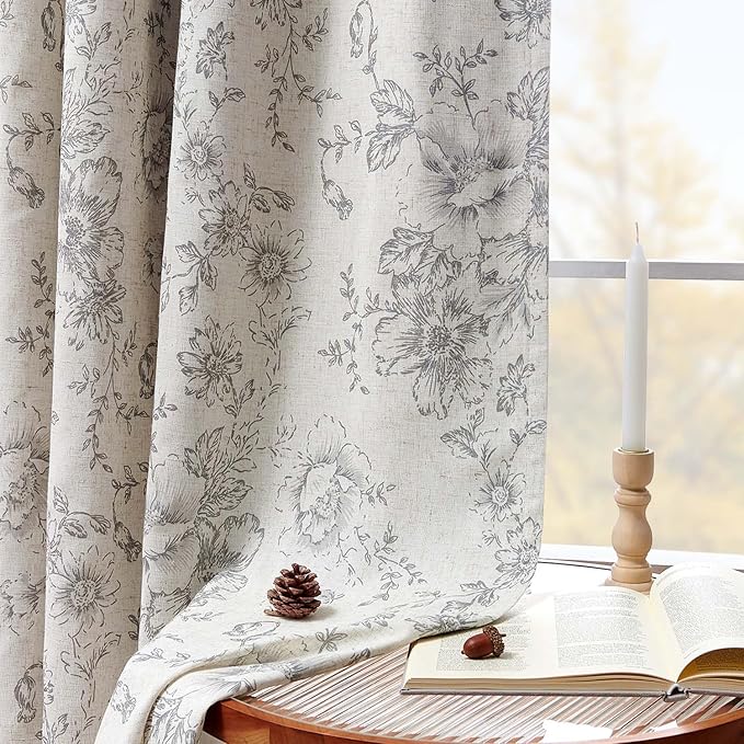 jinchan Blackout Linen Blend Curtain Grey Floral Blackout Curtains - Image 3