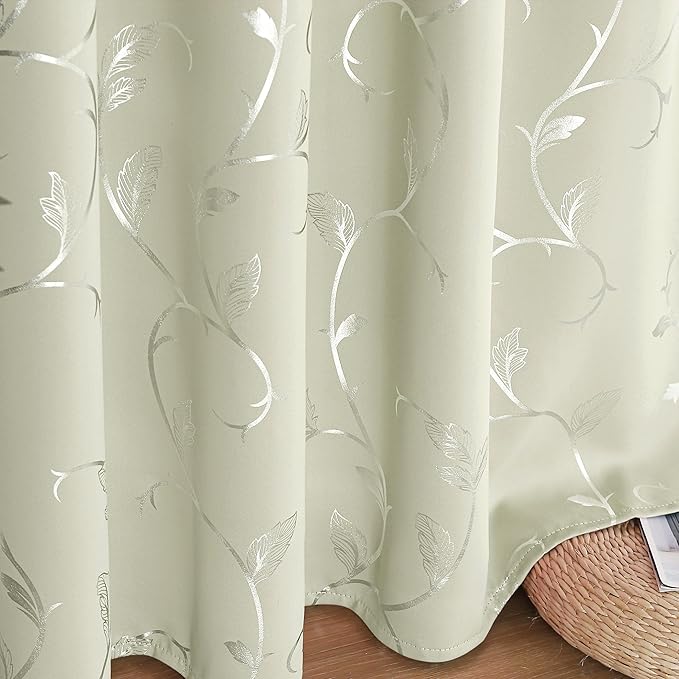 BUHUA Blackout Curtains Silver Foil Print Flower Vine Grommet Drapes, Room - Image 7