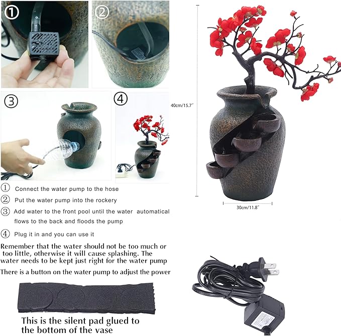 16" Flower Ornament Vase Decorative Bonsai Mini Tabletop Waterfall Fountain - Image 6