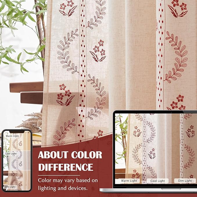 jinchan Belrose Linen Curtains for Bedroom Floral Curtains 96 Inch Length Linen - Image 8