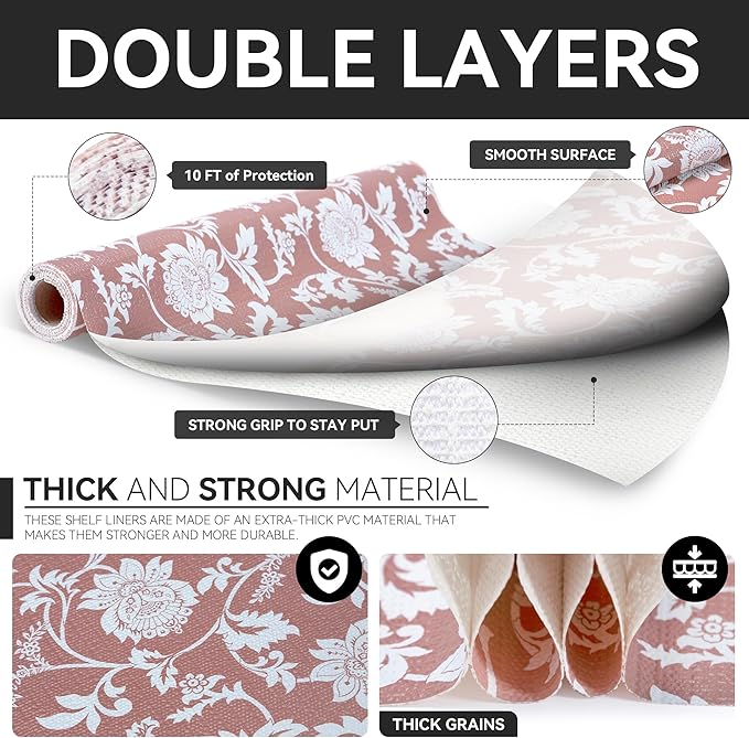 RAY STAR Shelf Liner, Non Adhesive Pink Floral Kitchen Cabinet Liner - Image 7