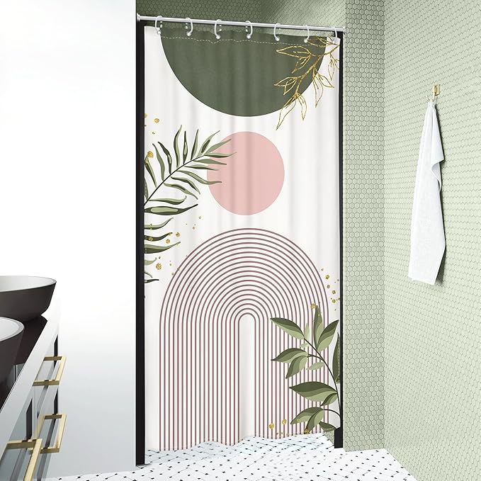 Small Stall Boho Shower Curtain 36Wx72H RV Green Pink Modern Mid Century - Image 3