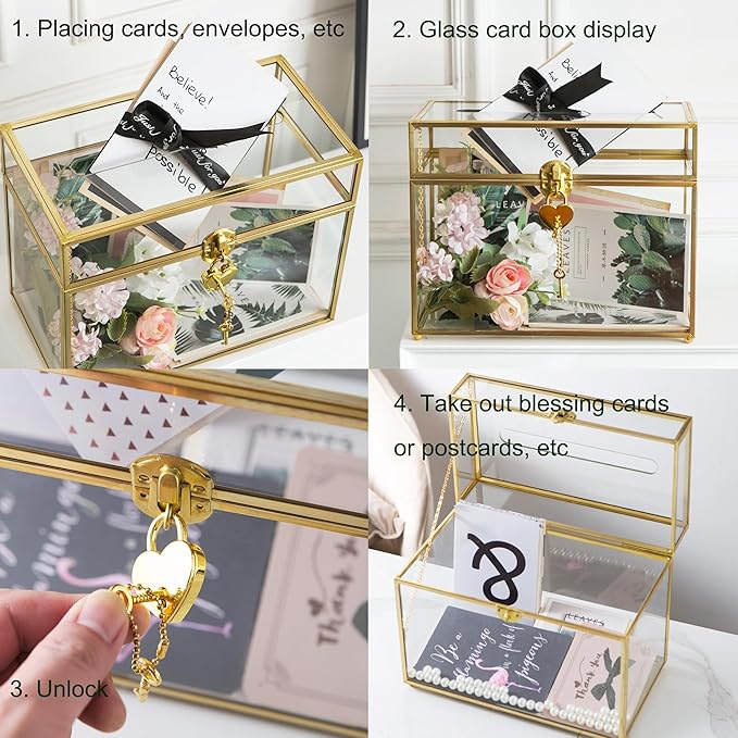 Glass Wedding Card Box with Slot and Lock, Large Clear Card Box Gold Brass Gift - Image 5