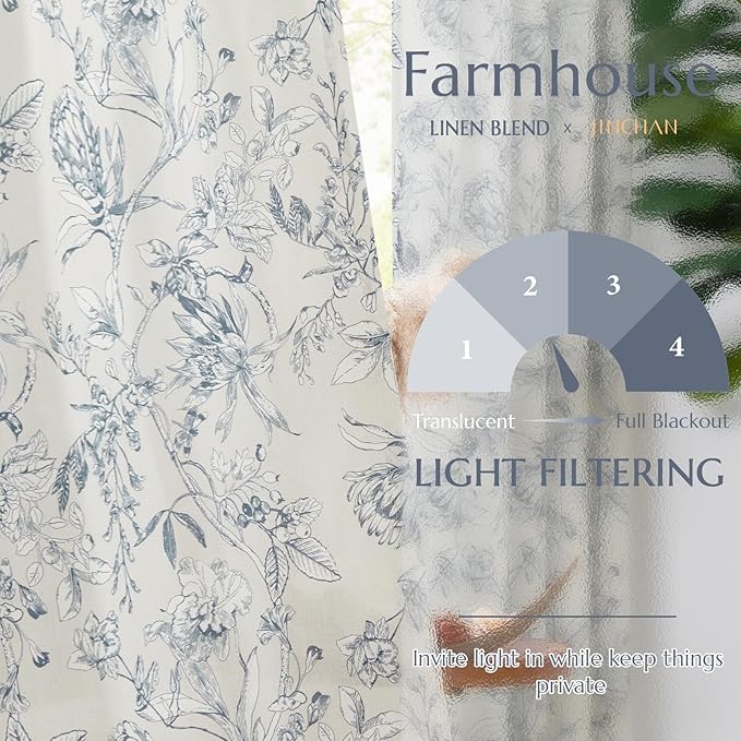 jinchan Floral Curtains 84 Inches Long Blue Flower Linen Farmhouse Curtain - Image 3