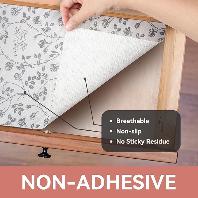 RAY STAR Shelf Liner, Non Adhesive Wisteria Grey Floral Kitchen Cabinet Liner - Image 8