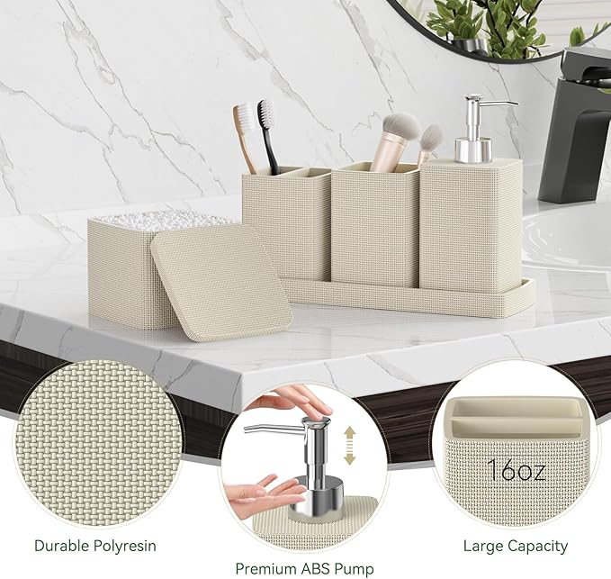 Beige Bathroom Accessories Set 5 Pieces, Resin Toothbrush Holders Set Complete - Image 4