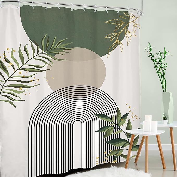 Green Boho Shower Curtain 72Wx96H Extra Long Mid Century Modern Abstract Green - Image 3