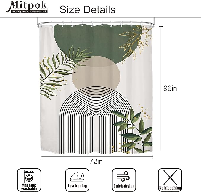 Green Boho Shower Curtain 72Wx96H Extra Long Mid Century Modern Abstract Green - Image 5