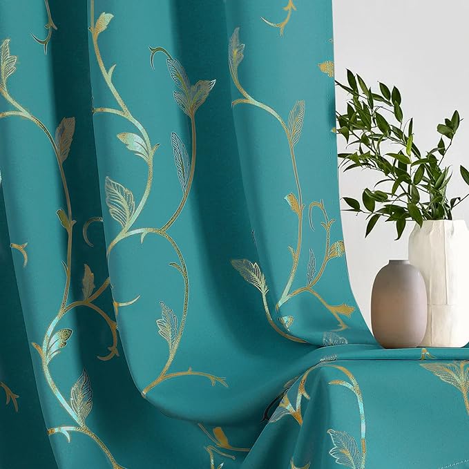 BUHUA Blackout Curtain 2 Panel Set Silver Vine Foil Print Thermal Insulated - Image 4
