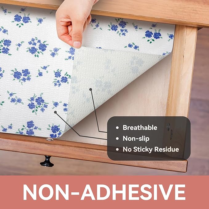 RAY STAR Shelf Liner, Non Adhesive Blue Floral Printed Kitchen Cabinet Liner - Image 8