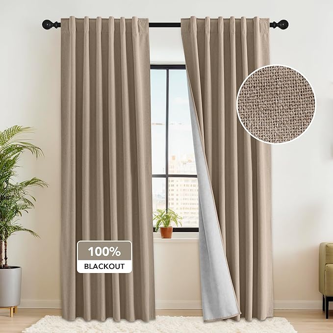 RYB HOME 100% Blackout Flax Linen Curtains 90 Inch Long, Light Block and by RYBHOME