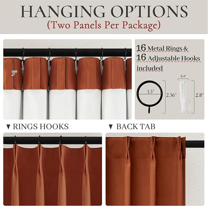 Fall Burnt Orange Curtains Pinch Pleated Blackout 108 Inches Long 2 Panels Set - Image 4