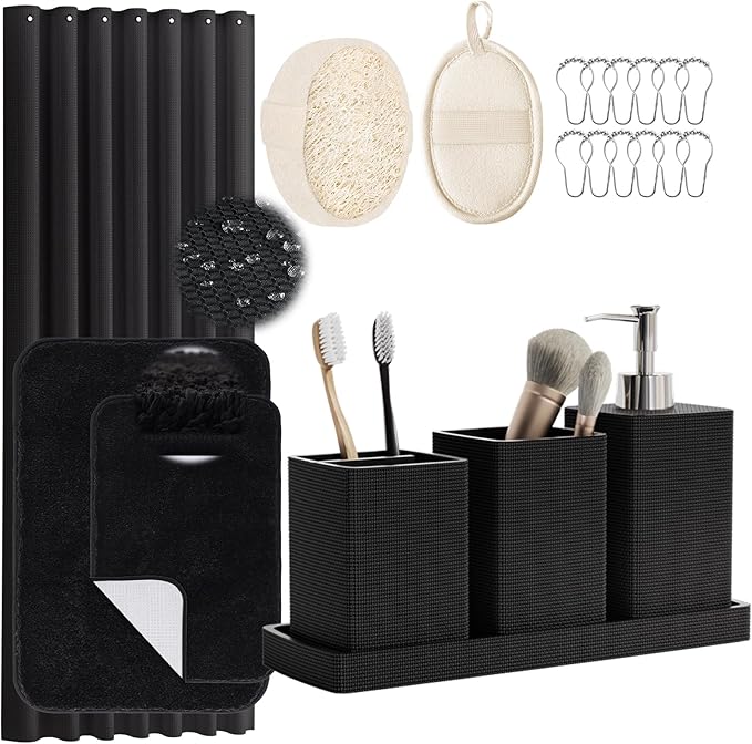 Black Bathroom Sets, Natural Loofah Sponge, Soap Dispenser, Toothbrush Holder by LetUsMakeHomeYourFavoriteDestination