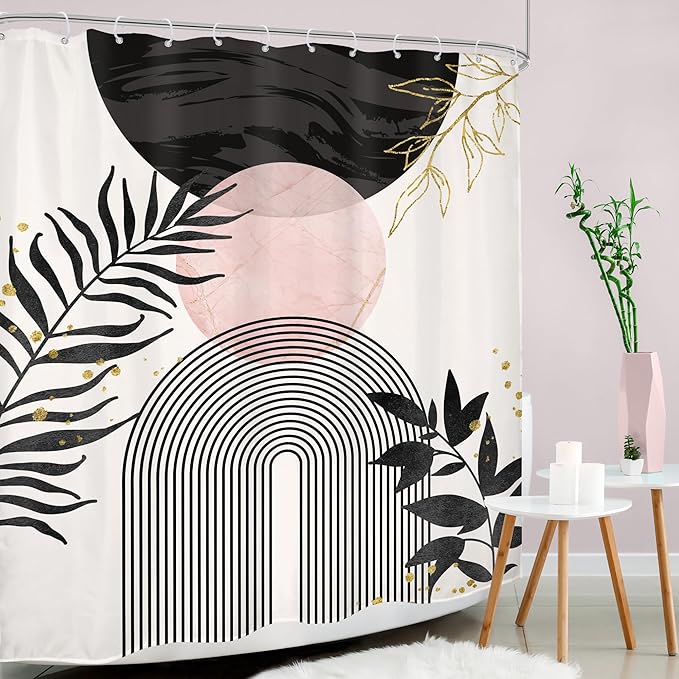 Black Pink Boho Shower Curtain Mid Century Modern Abstract Bohemian Minimalist - Image 3