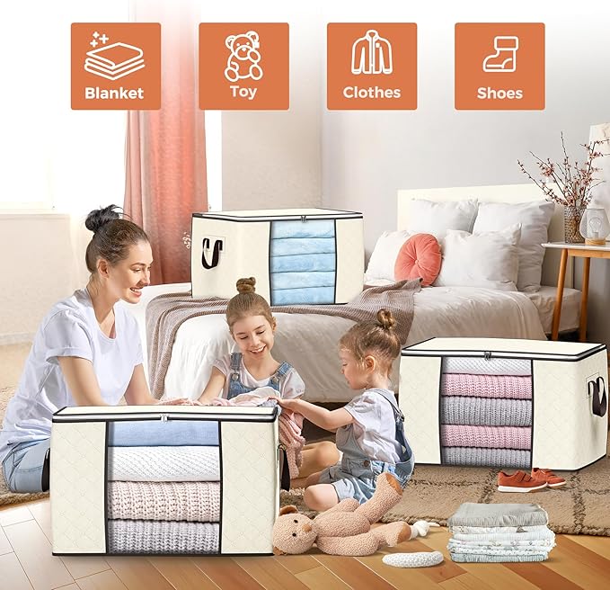 90 L Large Storage Bags, 6 Pack Clothes Storage Bins Foldable Closet Organizers - Image 3