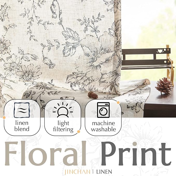 jinchan Linen Floral Curtains 96 Inch Length - Image 4