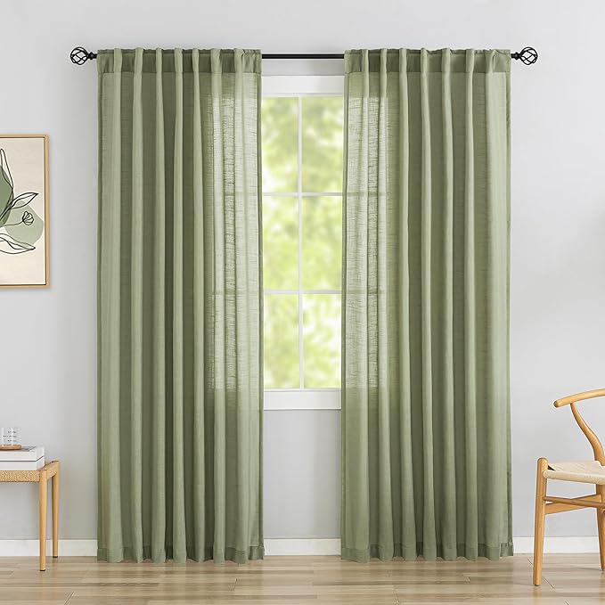 DONREN Light Green Sage Linen Back Tab Curtains 92 Inches Long 2 Panels Set by DONREN