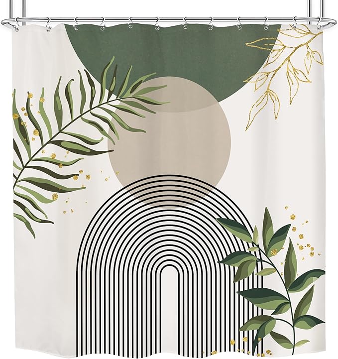 Green Boho Mid Century Shower Curtain 72Wx72H Abstract Gold Leaves Grey Modern - Image 2