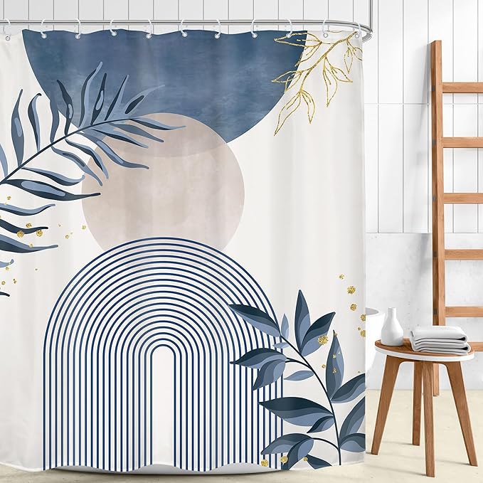 Navy Blue Boho Shower Curtain 72Wx78H Grey Modern Bohemian Abstract Leaves - Image 2