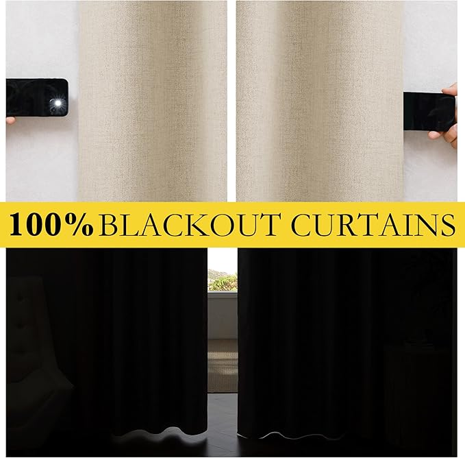 NICETOWN Cream Bedroom Full Blackout Linen Curtain Panels Set of 2, Thick - Image 3